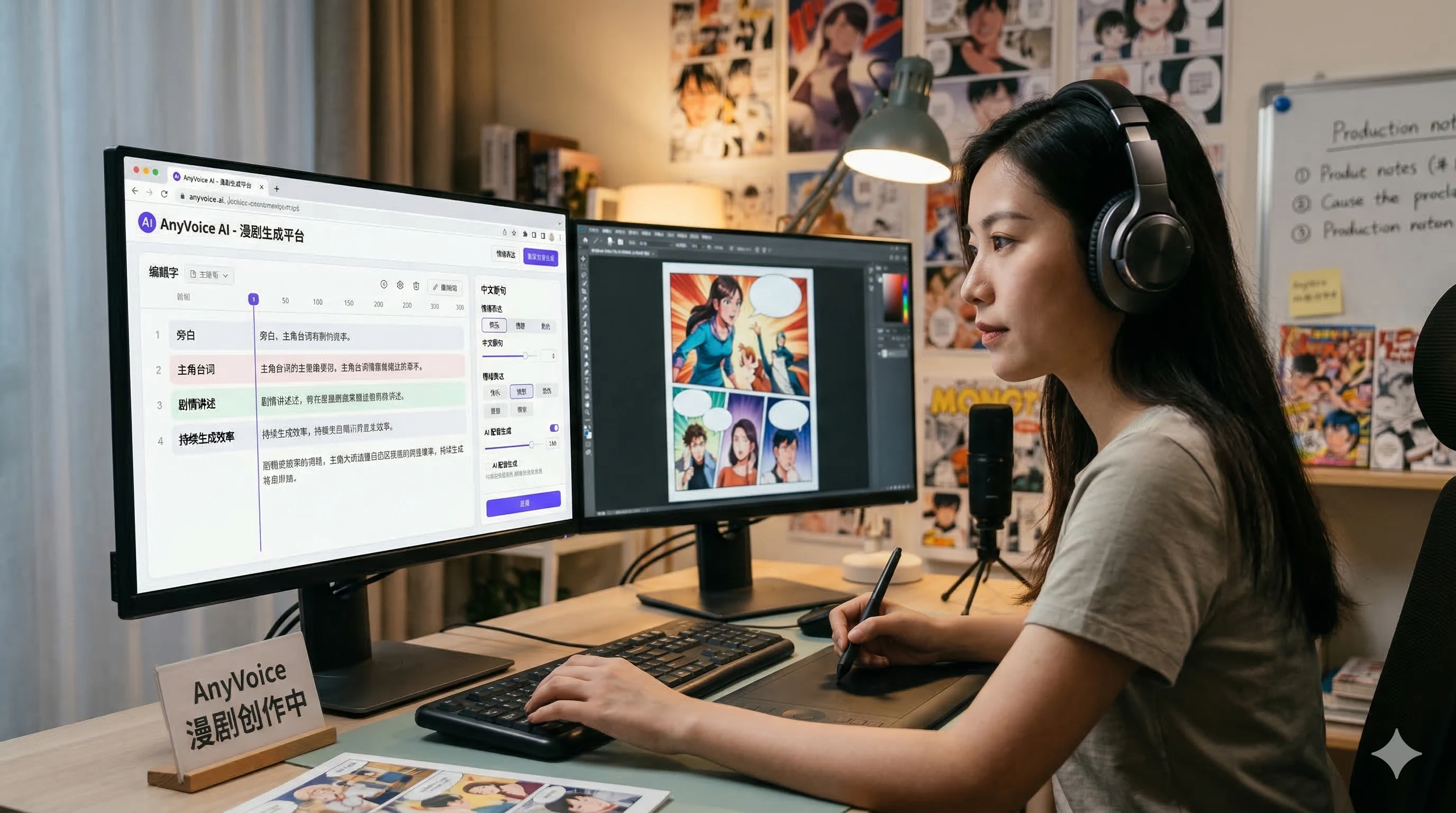 创作者在双屏电脑前制作漫画分镜,使用 AnyVoice 完成 AI 漫剧台词与旁白配音