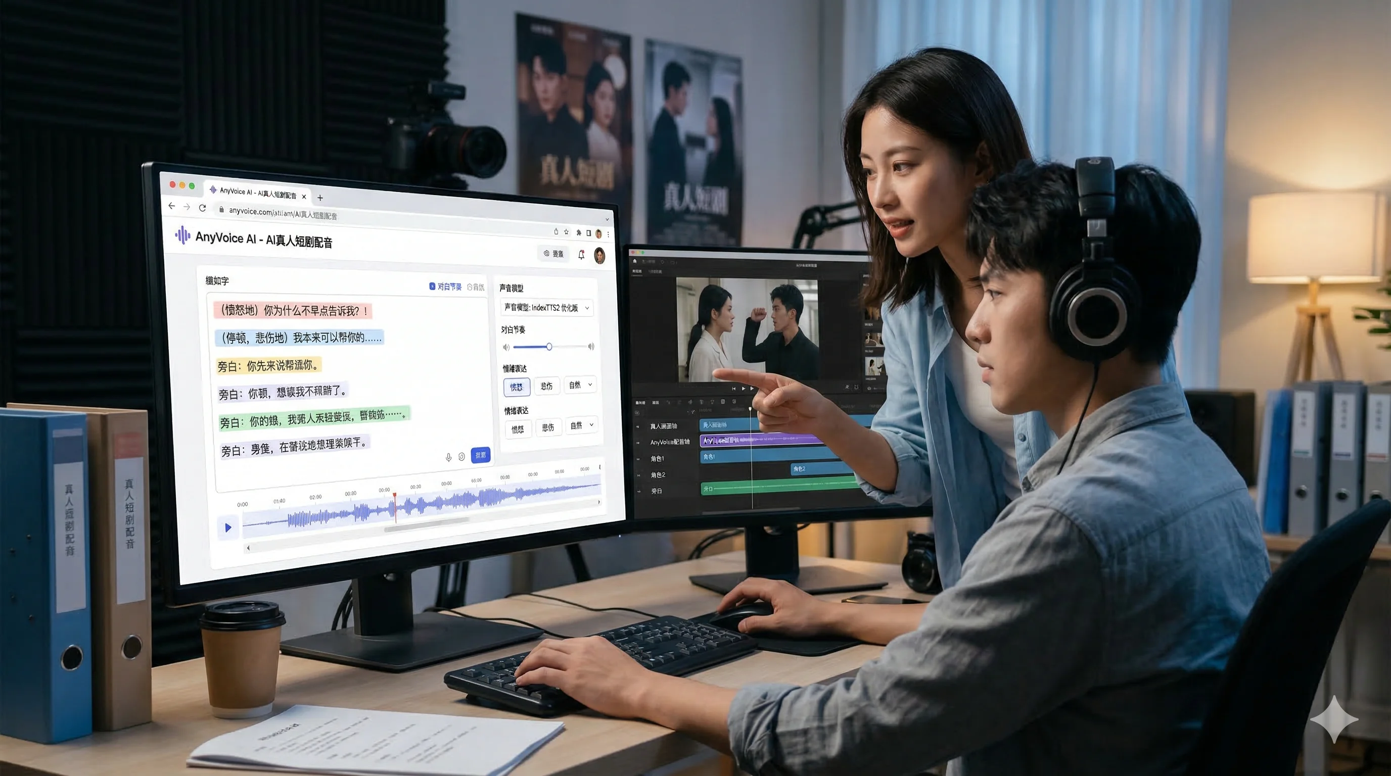 内容团队在剪辑台前调整对白与时间轴,借助 AnyVoice 处理 AI 真人短剧配音