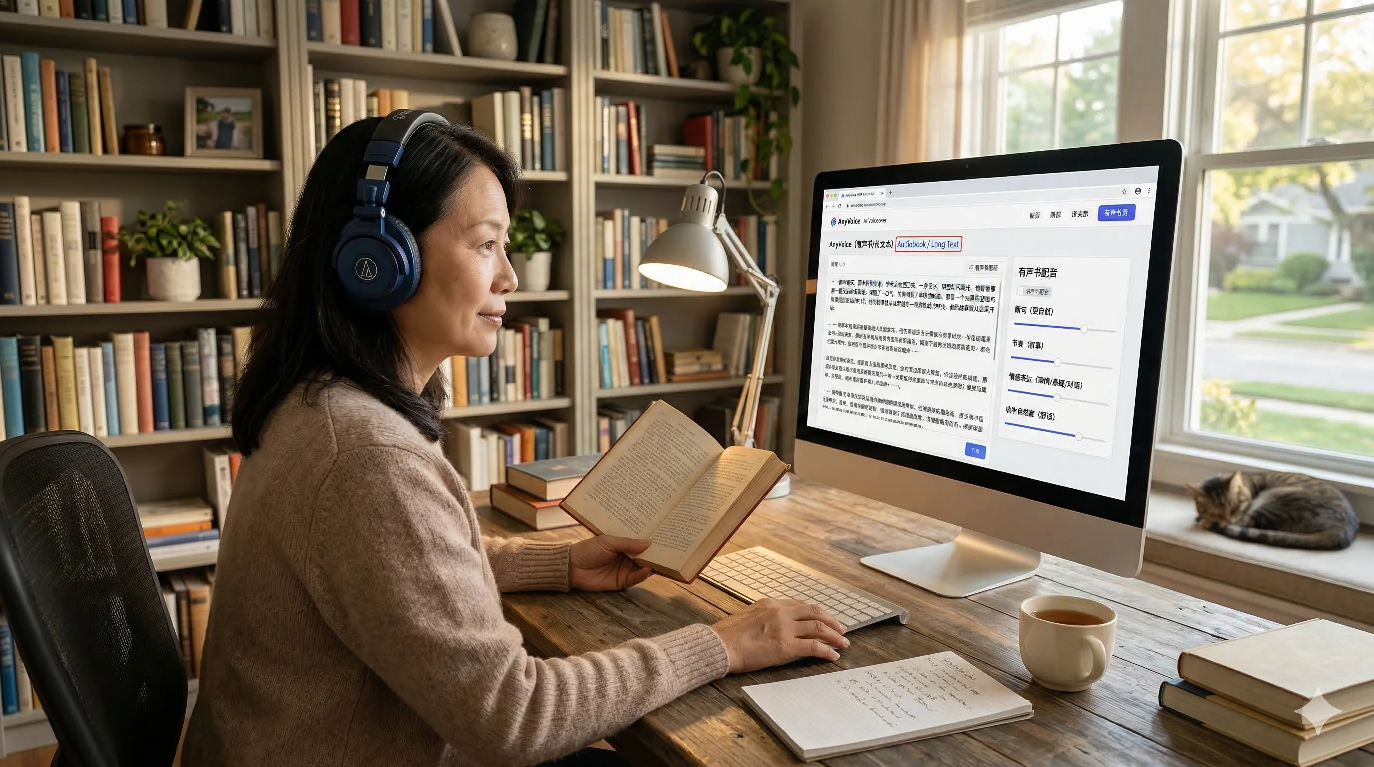 用户在书房边读文本边操作电脑,使用 AnyVoice 进行有声书配音与长文本 AI 配音