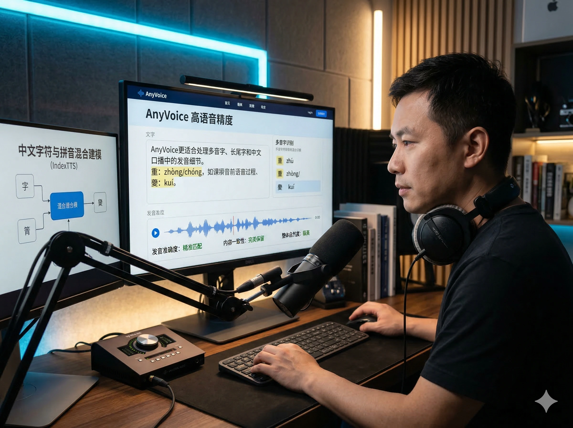 创作者在录音工作台使用 AnyVoice 查看高语音精度界面,处理中文多音字与发音细节