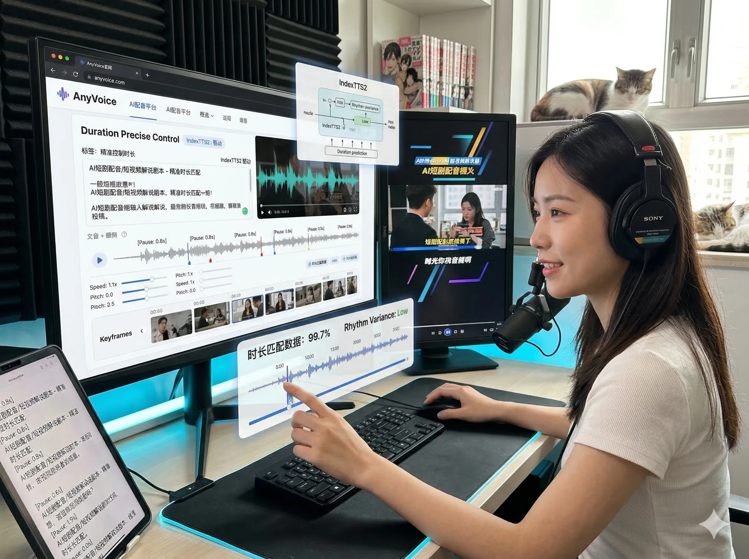 创作者在双屏工作台使用 AnyVoice 精准控制时长,为 AI 真人短剧配音匹配节奏