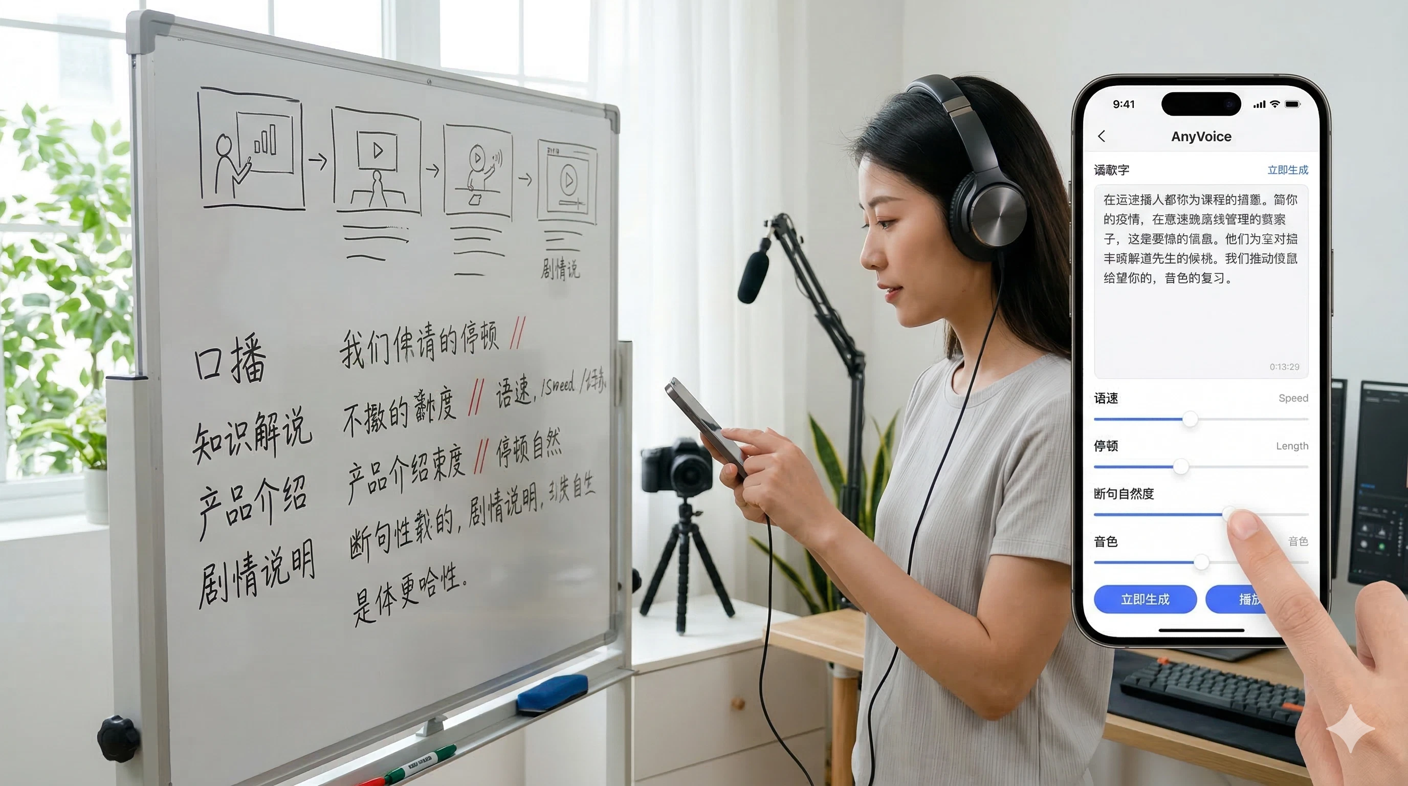 创作者在白板前整理口播脚本,通过 AnyVoice 进行短视频配音与中文 AI 配音生成