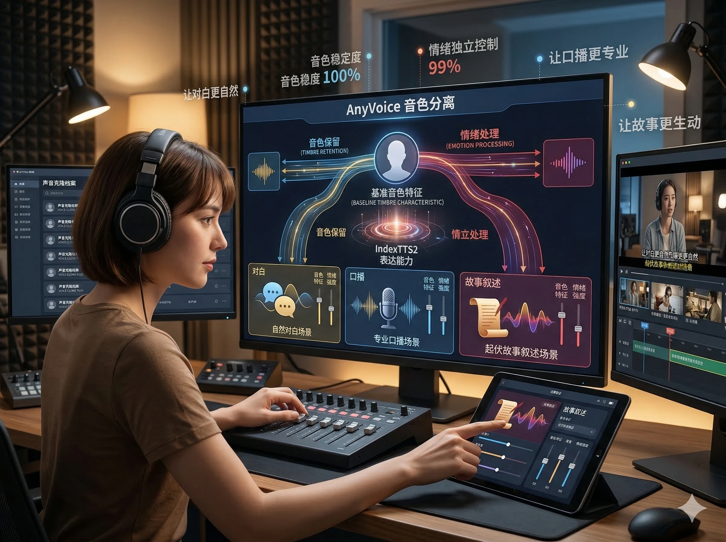 创作者在录音室使用 AnyVoice 音色分离功能,分别调节音色与情绪生成中文 AI 配音